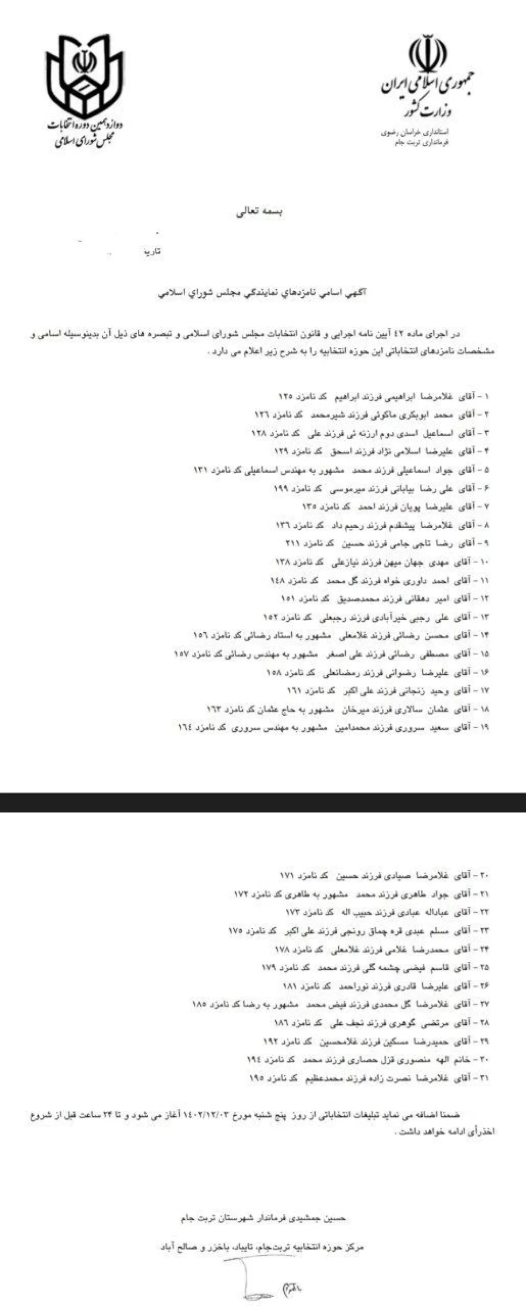آگهی اسامی نامزدهای حوزه انتخابیه تربت‌جام و تایباد